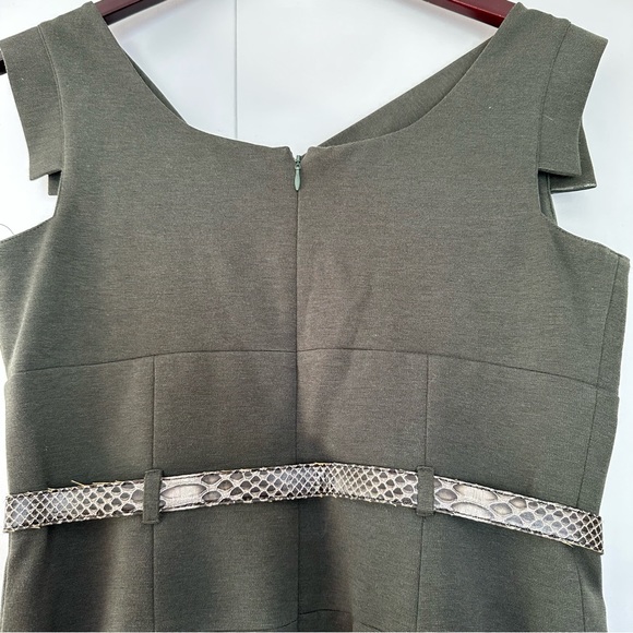 Adrianna Papell Belted Olive Asymmetrical Neck Dress - Picture 5 of 7